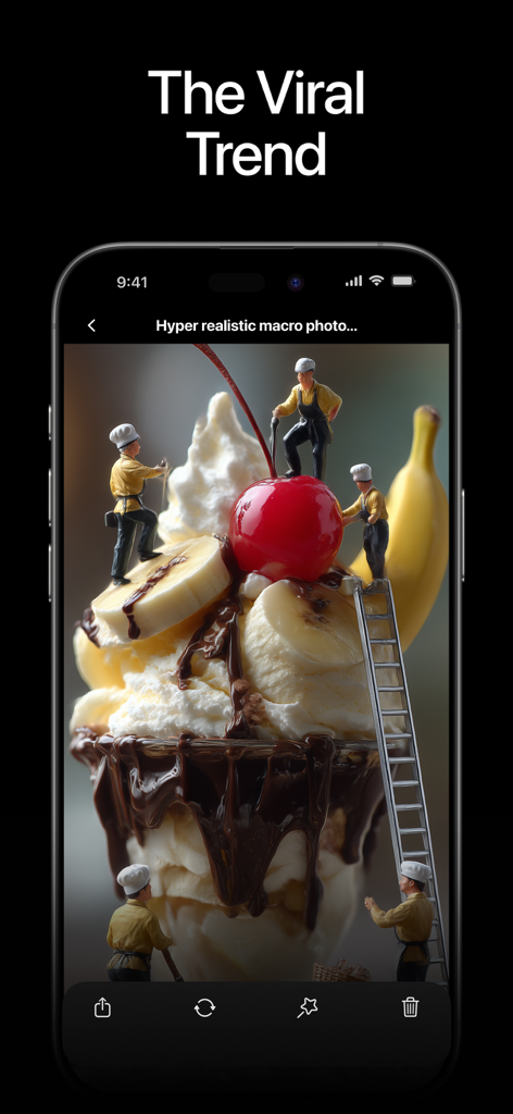 Interface de l'application Flux Kontext AI montrant une photo macro hyper-réaliste de travailleurs miniatures sur une coupe glacée aux fruits