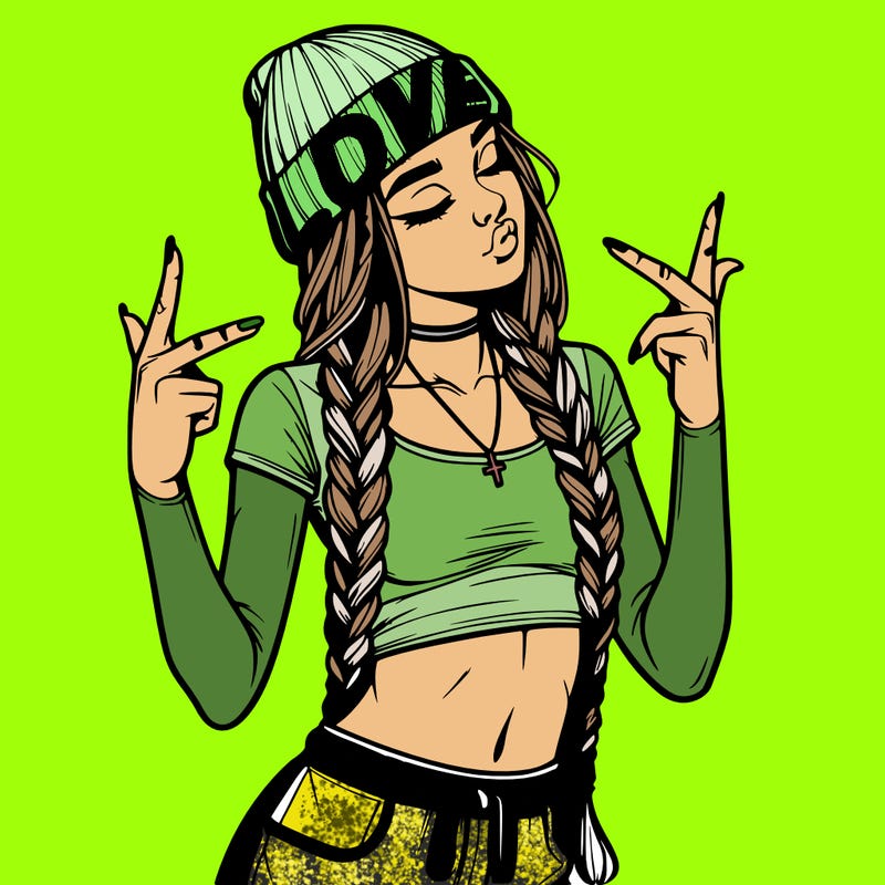 realistic teenage girl with braids and a beanie and crop top doing 🫶🏼