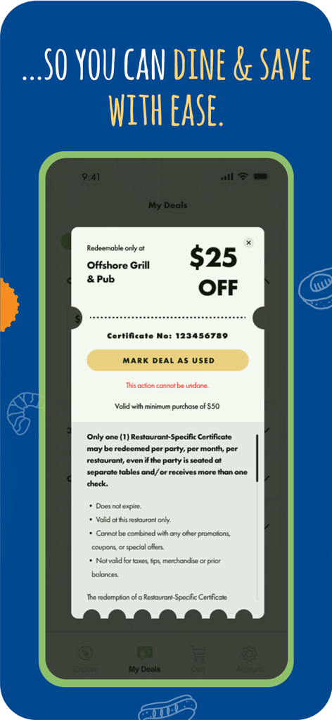 Mobile app screen showing a 25 dollar discount certificate for a local restaurant