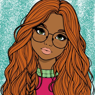 girl with long hair and freckles and glasses realistic