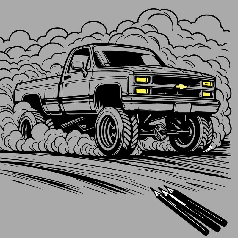 a lifted chevy truck doing a burnout