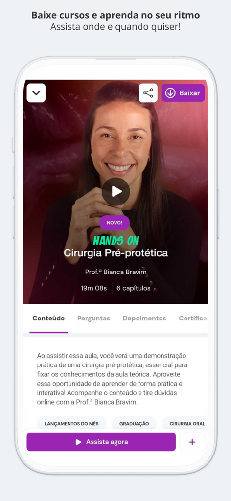 A smartphone screen displaying a pre-prosthetic surgery course on the Ident dental app with options to download and watch offline