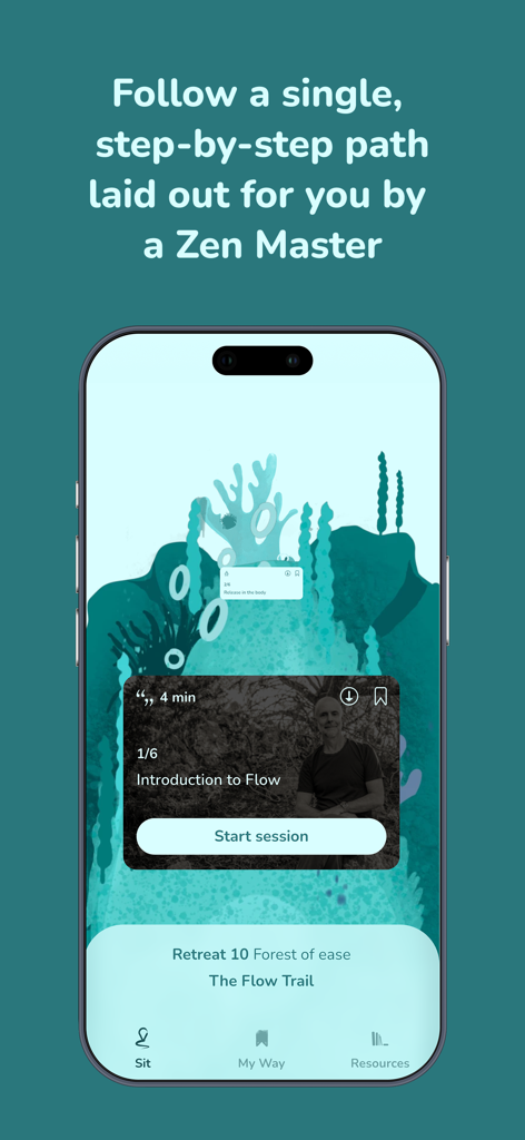 Interface of The Way meditation app showing a single step by step path led by a Zen Master