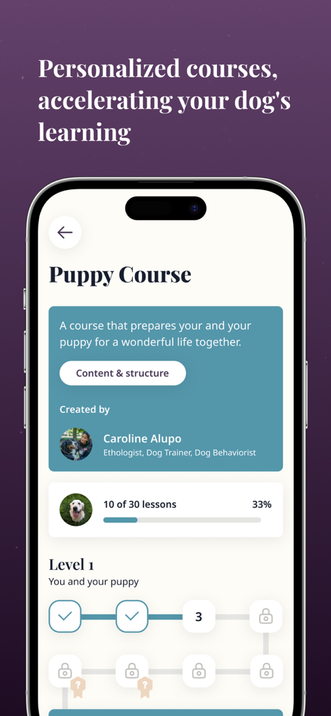 Petli:Dog Training & Community - Petli app screen showing a personalized puppy course overview with progress tracker and lesson path