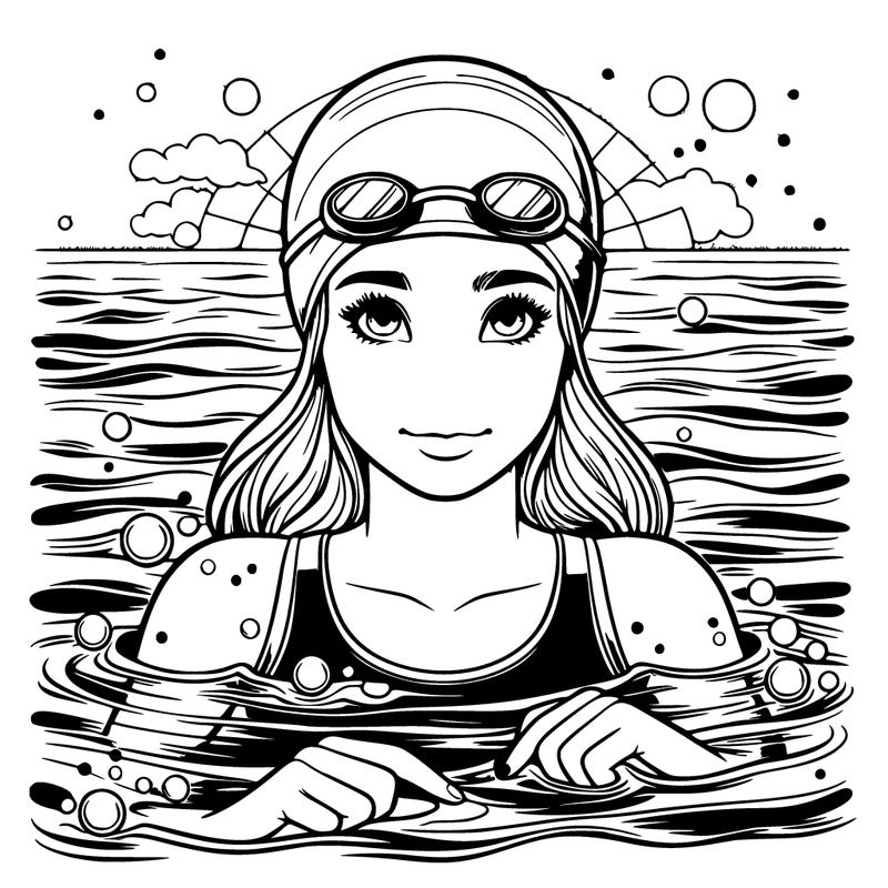 realistic girl swimmer, cap on water