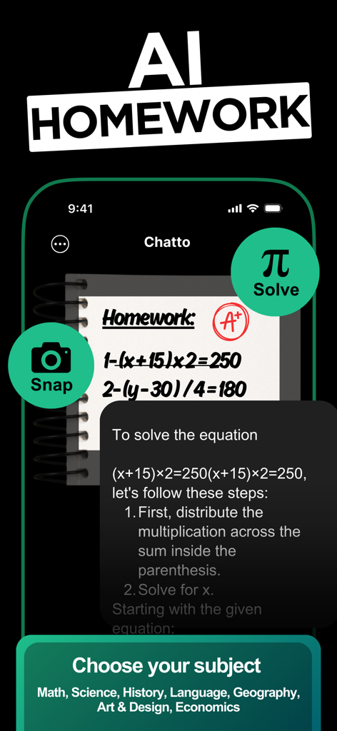 Chatto app interface featuring AI homework assistant solving math equations from a photo