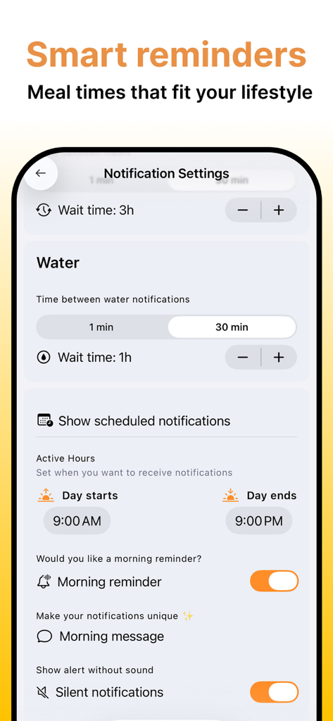 Meal Reminder - MealNow - MealNow app screen showing smart notification settings for meal and water reminders including active hours and morning alerts