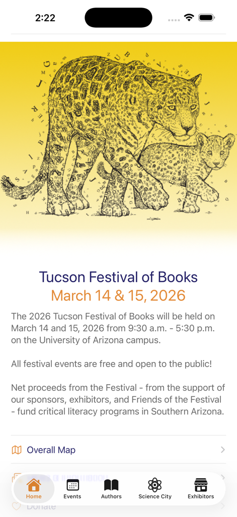 Tucson Festival of Books - Tucson Festival of Books app home screen displaying event details and navigation menu