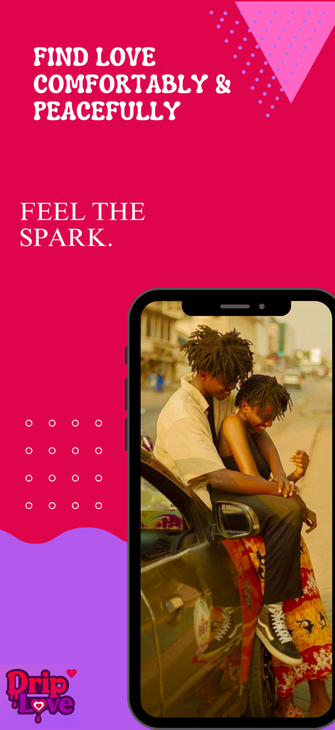 Driplove - A young couple sitting on a car displayed on a mobile phone screen with the text Find Love Comfortably and Peacefully.