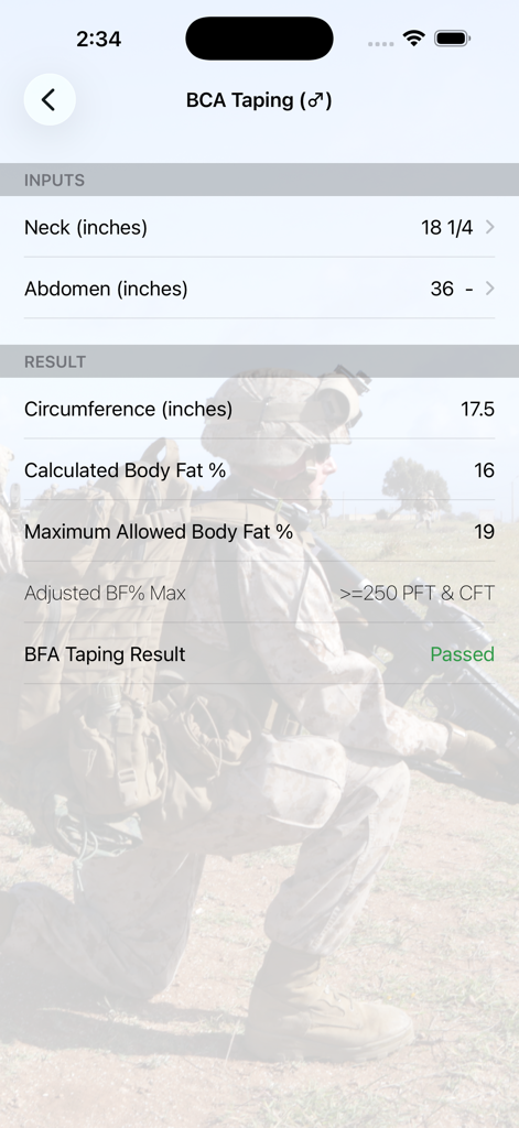 Fitness Calc for Marines - USMC Body Composition Assessment taping results showing a passed status for body fat percentage