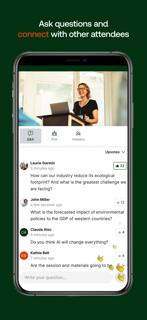 Interfaz de la aplicación Thomson Reuters Connect que muestra una sesión de preguntas y respuestas en vivo con preguntas de los asistentes y votos positivos durante una conferencia profesional.