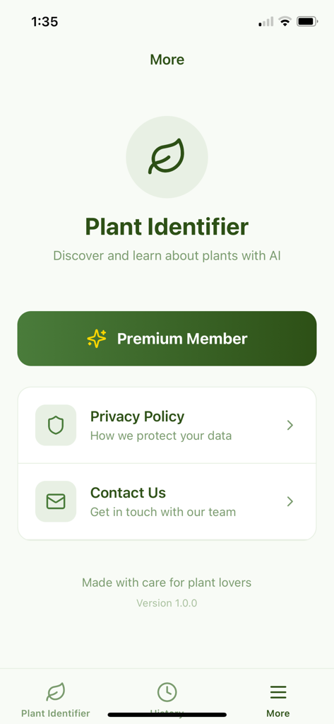 Plant ID & Info App - The settings and more screen of the Plant ID and Info app showing premium membership status and privacy policy links
