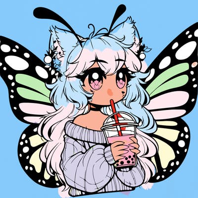 a realistic butterfly/furry girl drinking boba