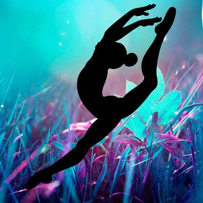 gymnast doing a leap in a leotard with a bent back leg