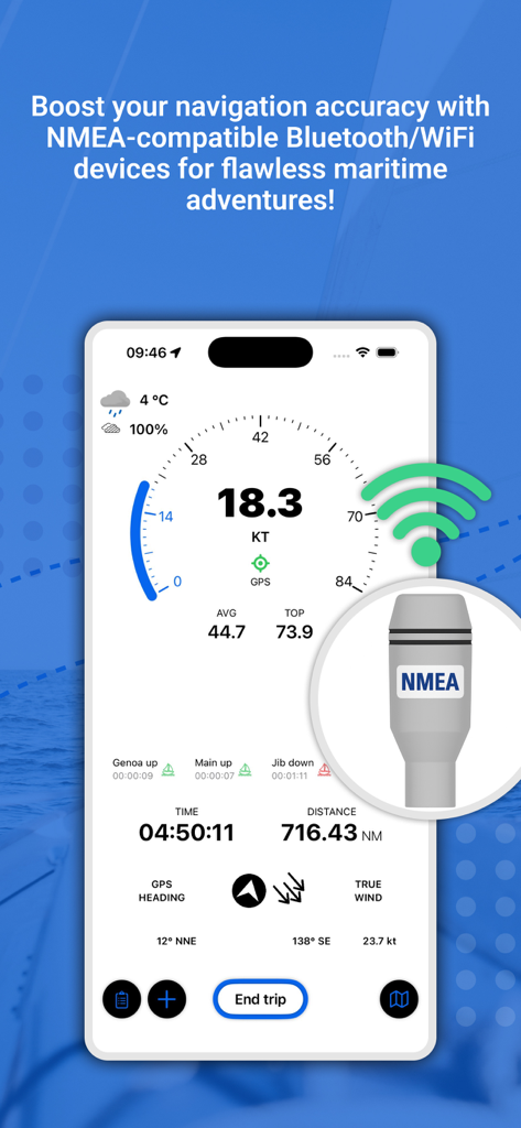 Boat Logbook & GPS Tracker - Tableau de bord de navigation de bateau affichant la vitesse et les données de connectivité NMEA.