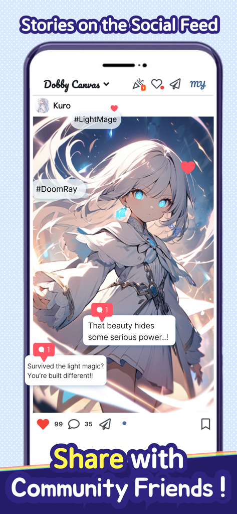 Dobby Canvas - Screenshot of the Dobby Canvas social feed showing an AI generated anime illustration with user comments and community likes.