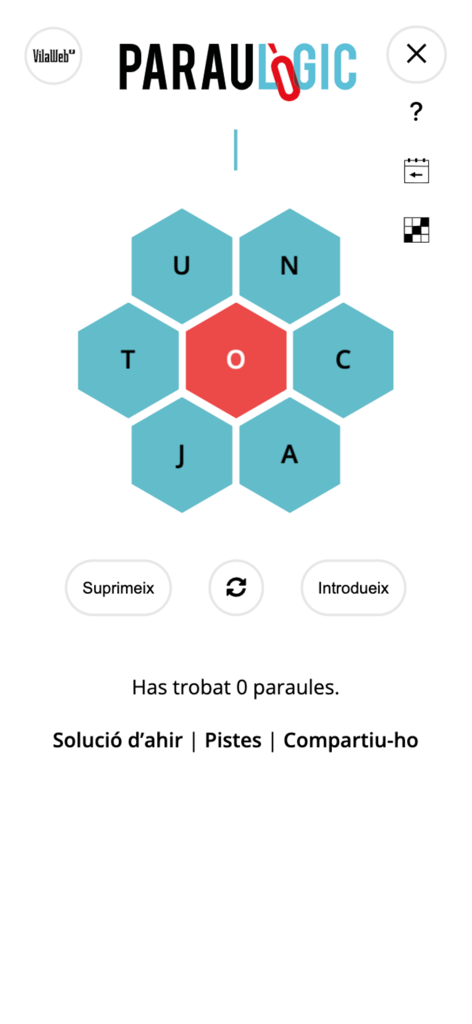 Paraulògic Oficial - Interfaz de la aplicación Paraulògic que muestra una cuadrícula hexagonal de letras para un juego de puzle de palabras en catalán