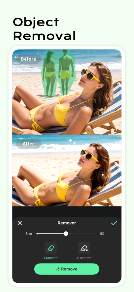 Photo Collage Maker: InCollage - Démonstration avant et après de la fonctionnalité de suppression d'objets IA sur une photo de plage.