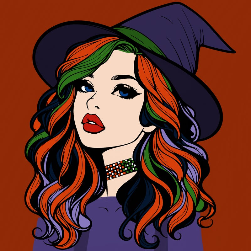 realistic witch girl with wavy hair and lips