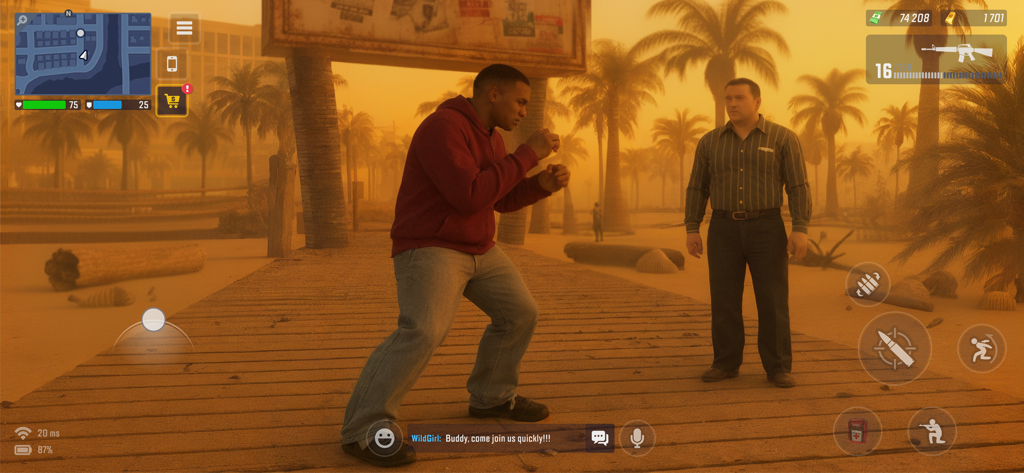 Dos personajes interactuando en un paseo marítimo en el juego de mundo abierto Grand Hustle RP durante el atardecer.