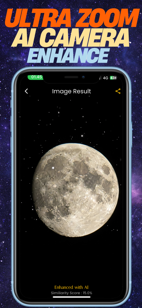 Smartphone displaying a detailed moon photo enhanced by AI camera zoom