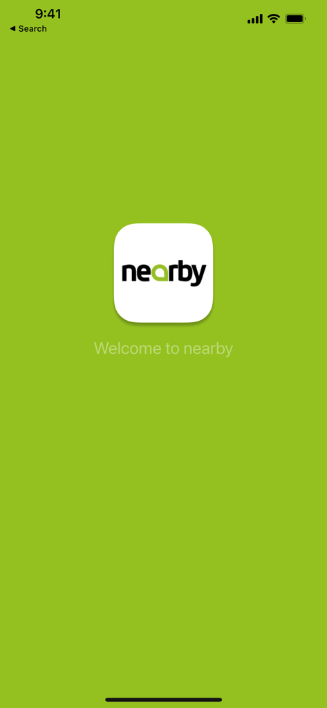 Nearby Taxis. - Nearby Taxis app splash screen showing the company logo and welcome message on a green background