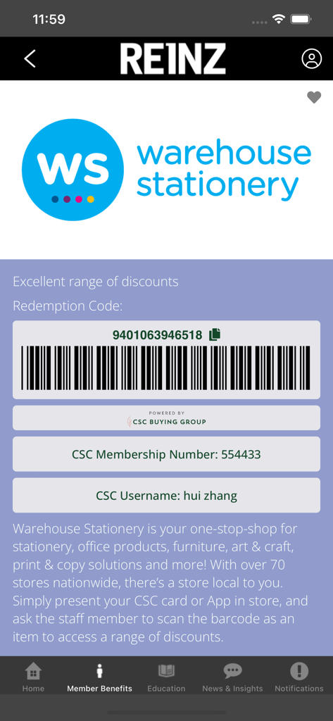 REINZ - REINZ app Member Benefits screen displaying a Warehouse Stationery discount and redemption barcode.