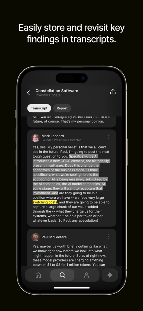 Quartr: Financial Research - Quartr app displaying a highlighted transcript from a Constellation Software investor update