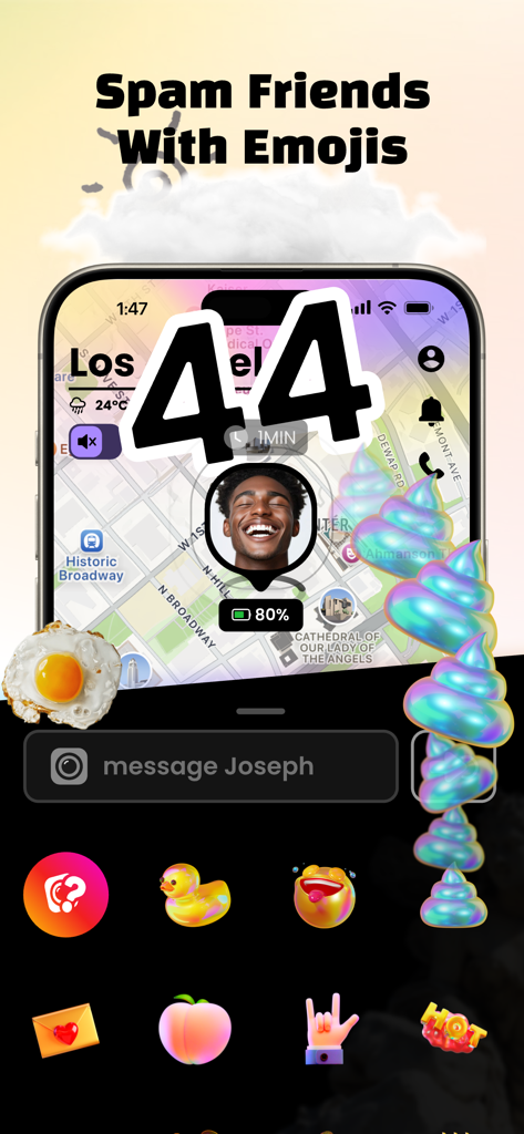 Una captura de pantalla de la aplicación Jagat que muestra la función de bomba de emojis para mensajería social interactiva en una interfaz de mapa.