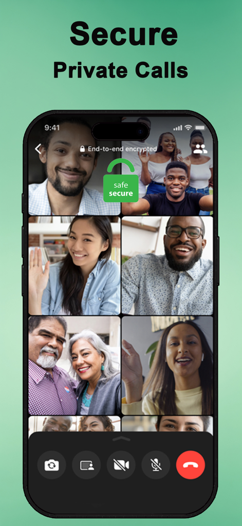 Pantalla de smartphone mostrando una videollamada grupal con una notificación de cifrado de extremo a extremo