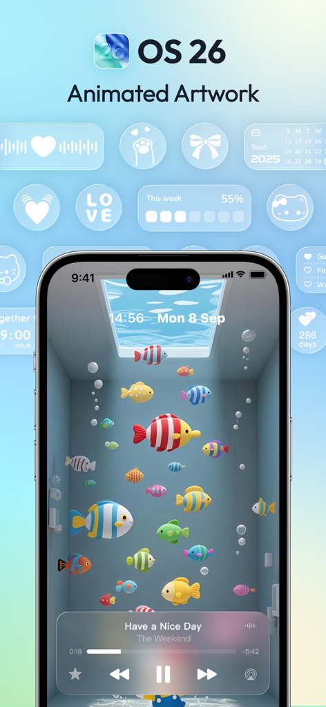 Mico - Widget & Live Wallpaper - Pantalla de iPhone mostrando un fondo de pantalla animado de acuario y widgets estéticos de la app Mico.