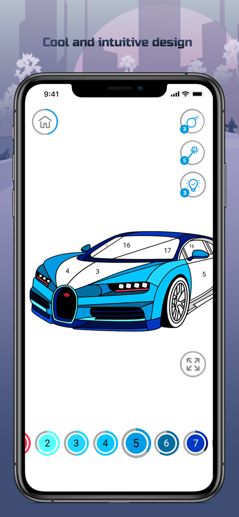 Cars Color By Number - A blue sports car being colored by numbers on a mobile app interface with coloring tools.