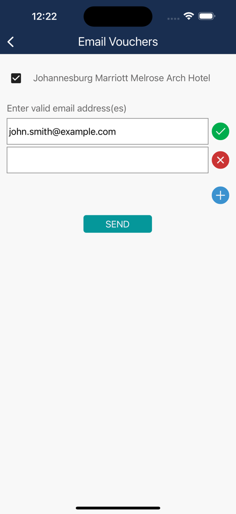 Mobile app screen for emailing travel vouchers and sharing hotel itinerary details with companions