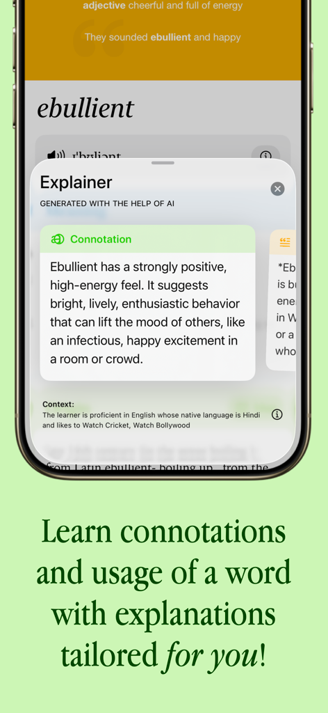 LookUp: English Dictionary - LookUp app interface showing AI generated word connotation and usage explanations for vocabulary building