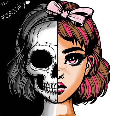 realistic girl with half skull mask