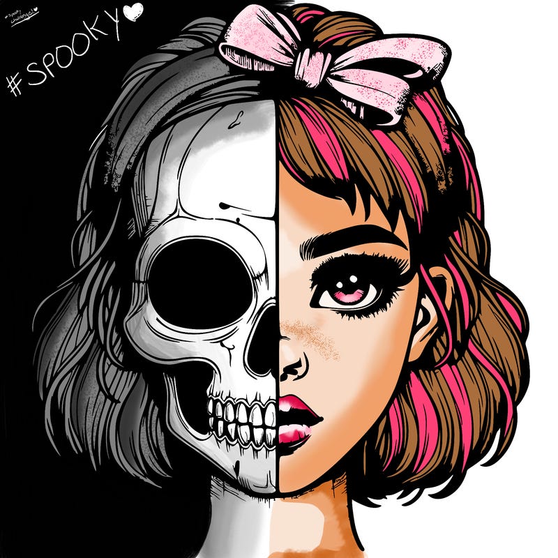 realistic girl with half skull mask