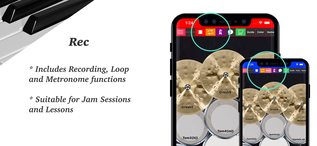 Screenshot der Drum Set App, der Aufnahme-, Loop- und Metronomfunktionen für Jam-Sessions hervorhebt.