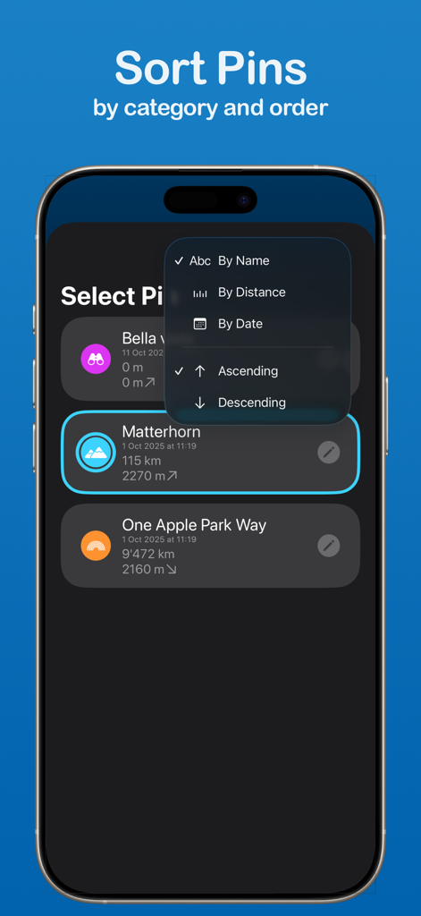 The Altimeter app interface showing a sorting menu for saved pins with options to sort by name, distance, or date in ascending or descending order.