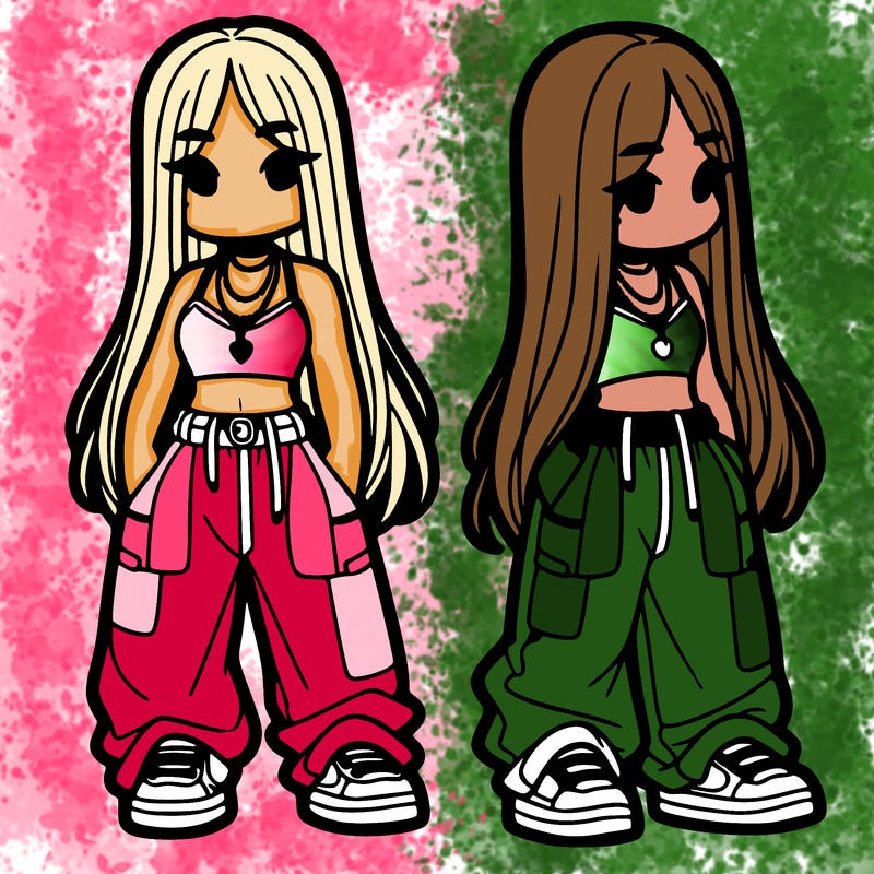 girl in baggy pants crop top and long hair