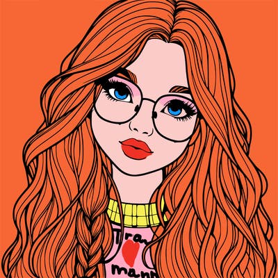 girl with long hair and freckles and glasses realistic