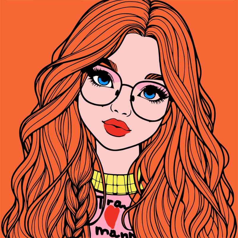 girl with long hair and freckles and glasses realistic