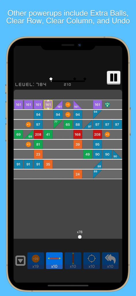 Balls, Bricks, & Puzzles - Brick breaker gameplay screen showing colorful numbered blocks and power-up buttons