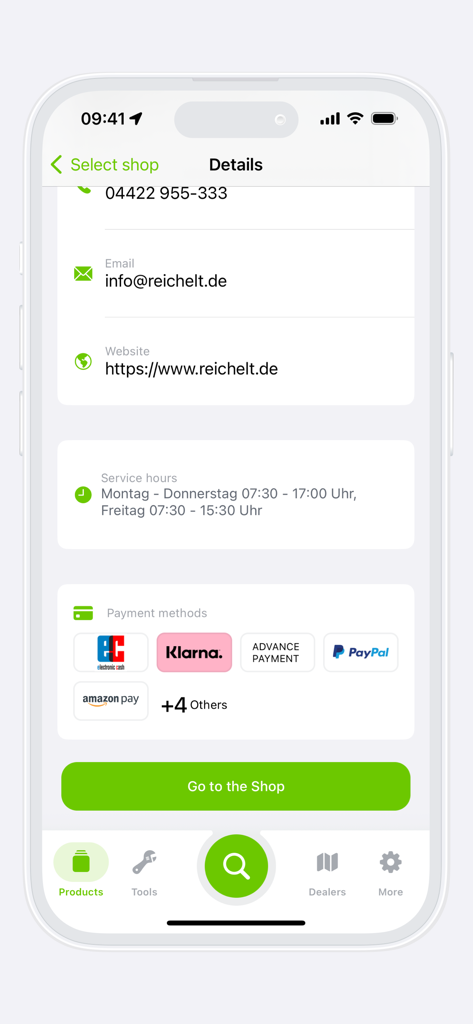 WAGO - Händler-Kontaktinformationen, Servicezeiten und Zahlungsmethoden in der WAGO App