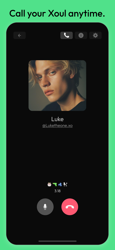 Interfaz de una llamada de voz con un personaje de IA llamado Luke en la aplicación Xoul AI