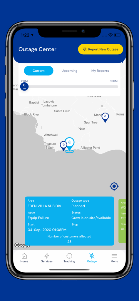 MyJPS - El Centro de Cortes de MyJPS muestra un mapa de cortes de suministro eléctrico en Jamaica