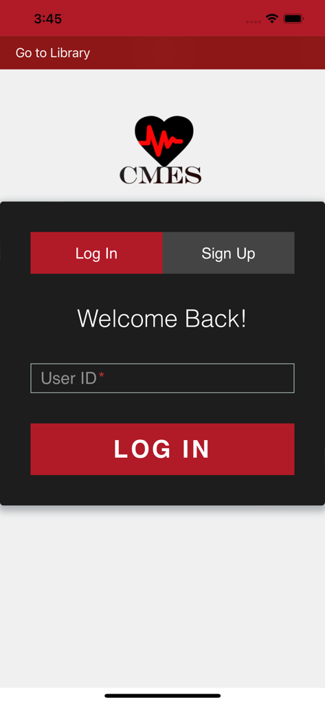 CMES - Tela de login do aplicativo CMES com entrada de ID de usuário e logotipo
