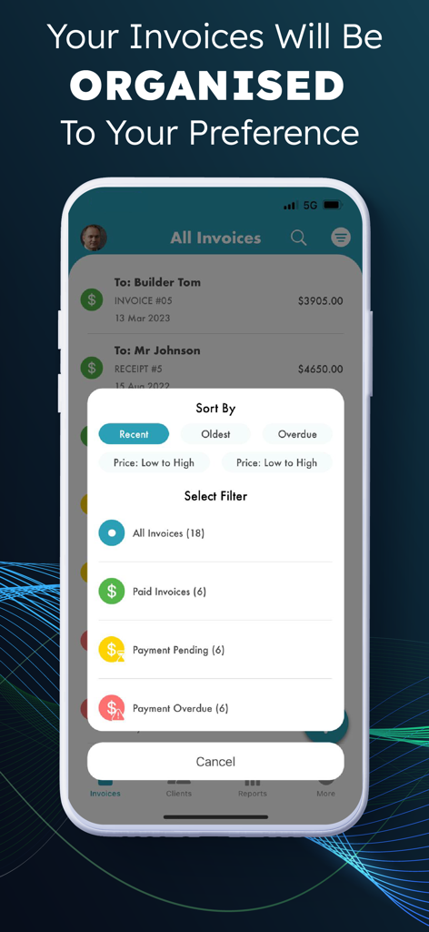 Uma tela de aplicativo móvel mostrando opções para classificar e filtrar faturas por data, preço e status de pagamento.