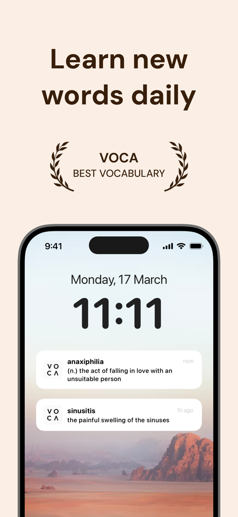Word of The Day Widget - Voca - iPhone lock screen displaying Voca app notifications with daily vocabulary words and definitions