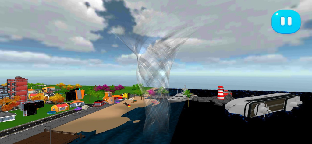 Tornado Rain and Thunder Sim - Uma simulação 3D de uma nuvem funil de tornado se aproximando de uma cidade costeira e virando navios no oceano