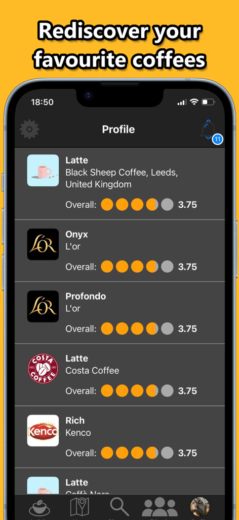 Profile screen of the Bean app displaying a list of rated coffees and brands with orange star ratings.